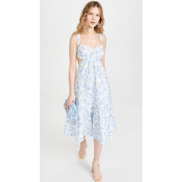 For Love & Lemons Floral Midi Dress Size S White Blue - Picture 5 of 6